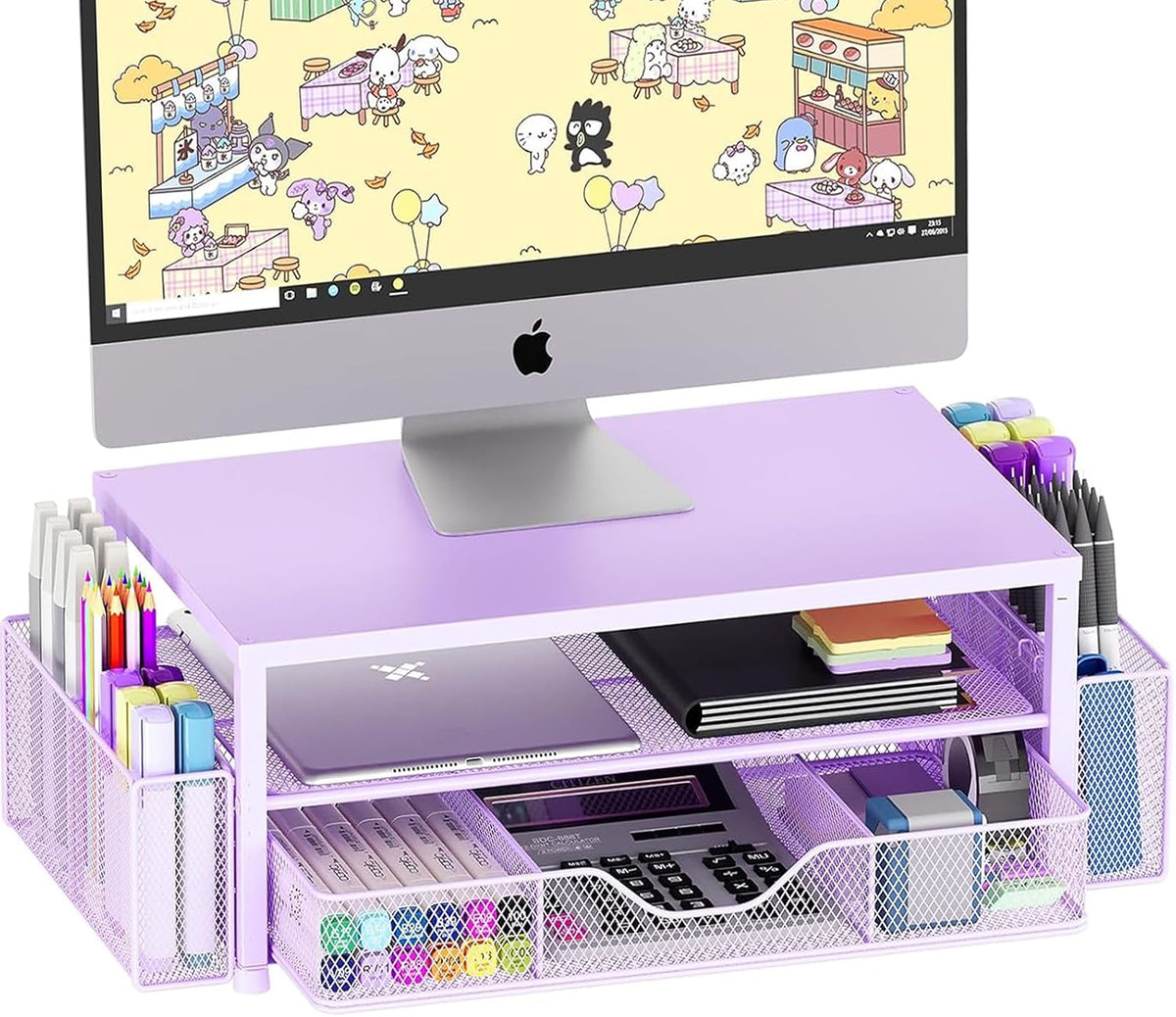 OPNICE Desk Organizer and Accessories, 2-Tier Computer Monitor Stand Riser with Drawer and 2 Pen Holders, Laptop Stand, Office Desk Accessories for Office Supplies, Purple