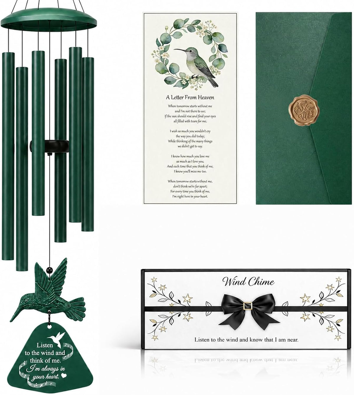 36" Memorial Wind Chimes for Outside, Sympathy Gift for Loss of Loved One, Hummingbird Wind Chime for Mom Dad, Bereavement Remembrance Funeral Condolence Gift（Forest Green）