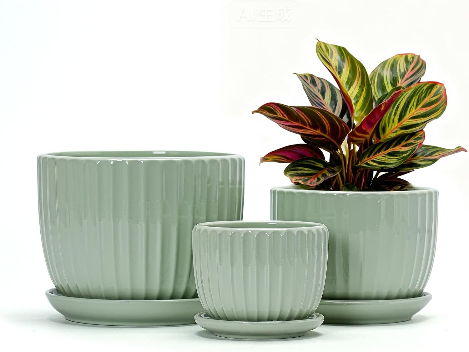 Flower Pots,Ceramic Plant Pots with Drainage Holes Set of 3（Light Green）