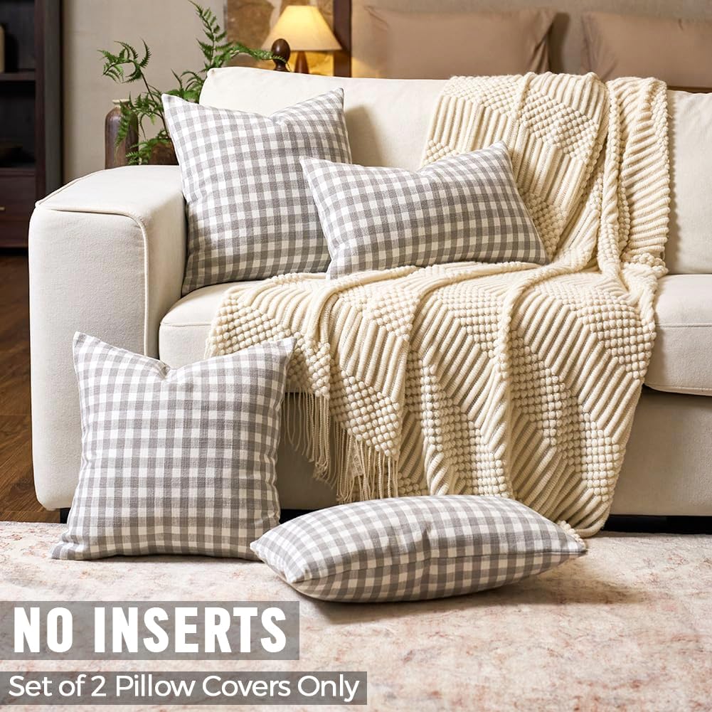 Vintage Light Grey Throw Pillows Gray Gingham Plaid Pillow Covers 16x16