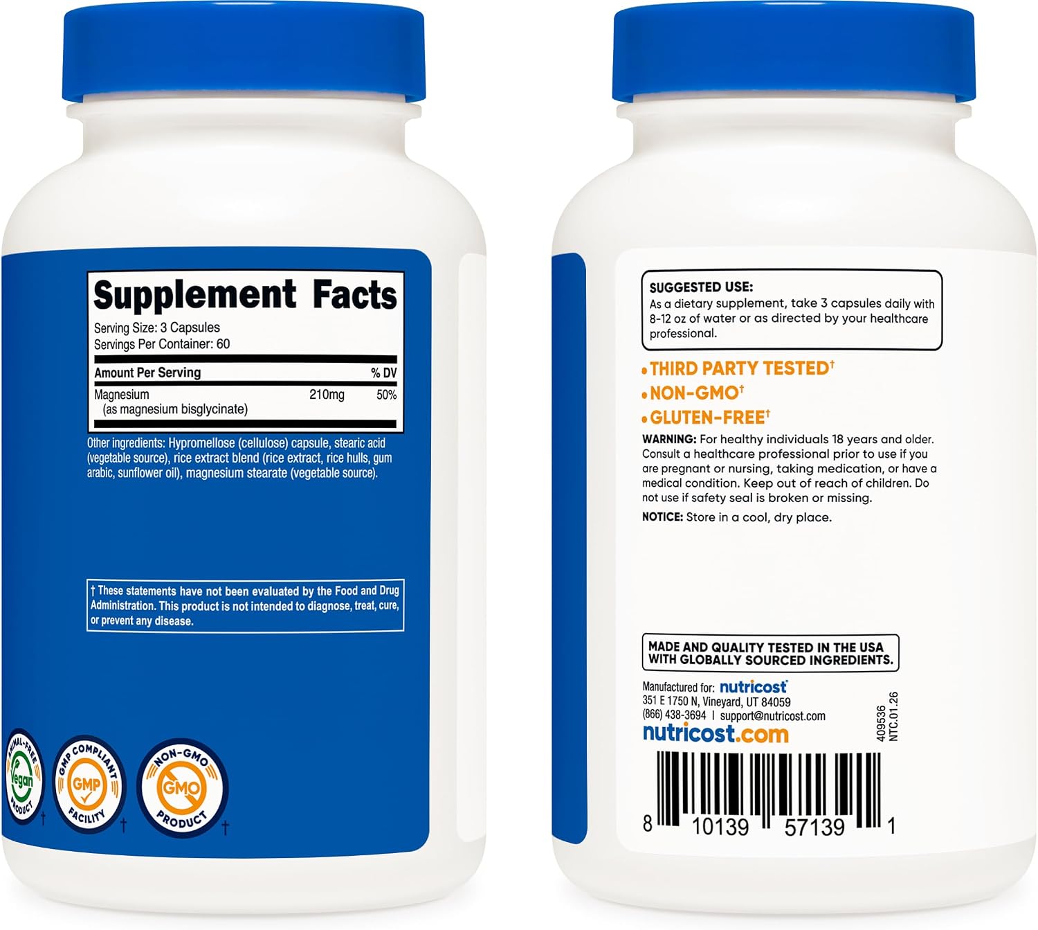 Nutricost Magnesium Glycinate Capsules, 180 Capsules, 210mg