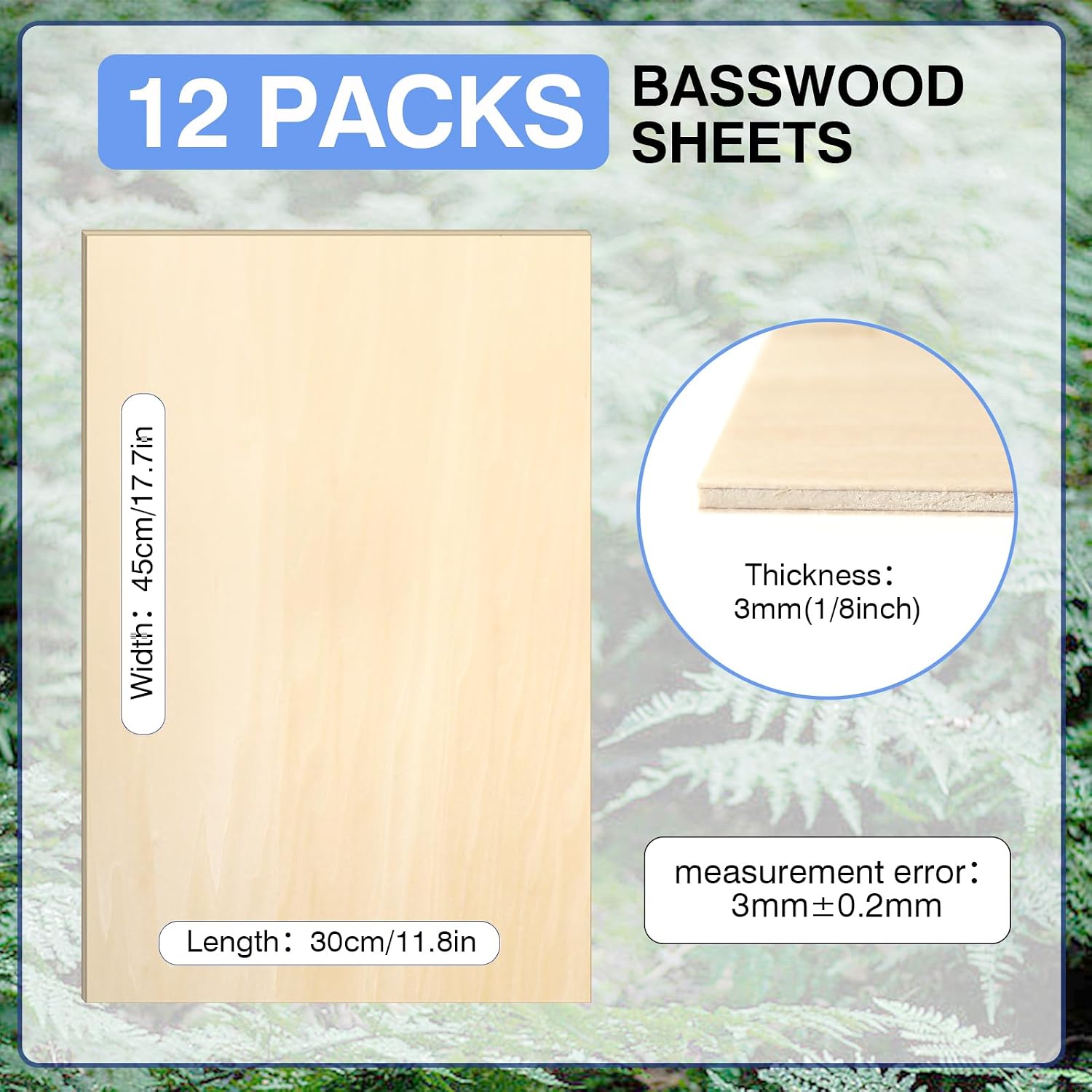 12 Pack Basswood Sheets for Crafts 12 x 18 x 1/8 in, 3mm Thick Unfinished Plywood for Laser Cutting & Engraving, DIY Ornaments and Architectural Model