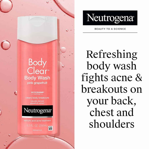 Neutrogena Body Clear Pink Grapefruit Acne Body Wash, 3 x 8.5 fl oz | Salicylic Acid Cleanser, Breakout Treatment, Exfoliating Body Cleanser for Clear Skin