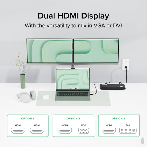 Plugable Universal Docking Station for Windows, MacBook, Chromebook - Dual HDMI Monitors or DVI/VGA, Gigabit Ethernet, Audio, 6 USB Ports (UD-3900H)