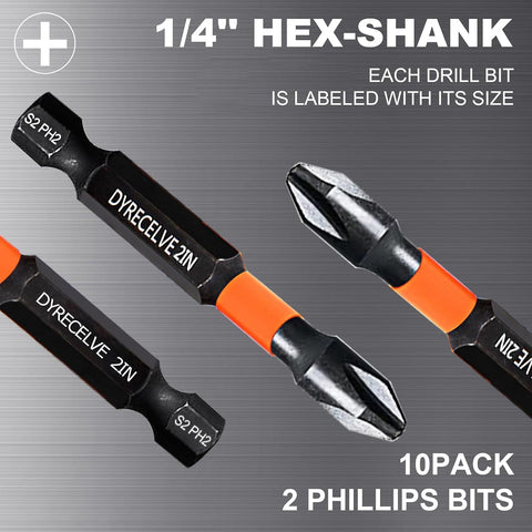 DYRECELVE 10-Piece Phillips Bits #2 Impact, 2-Inch Screwdriver Bits Set