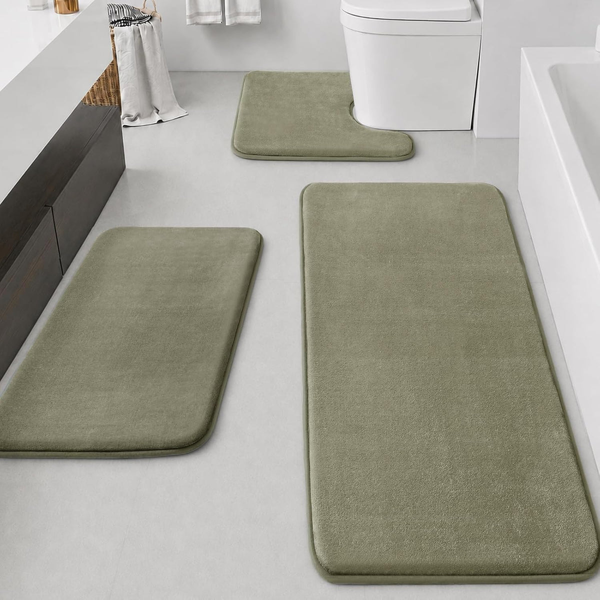 HUXMEYSON Bathroom Rugs Sets 3 Piece, Non-Slip & Quick Dry Bath Mat Set, Ultra Soft Velvet Bath Rugs for Bathroom, Toilet and Shower Floor, Olive Green