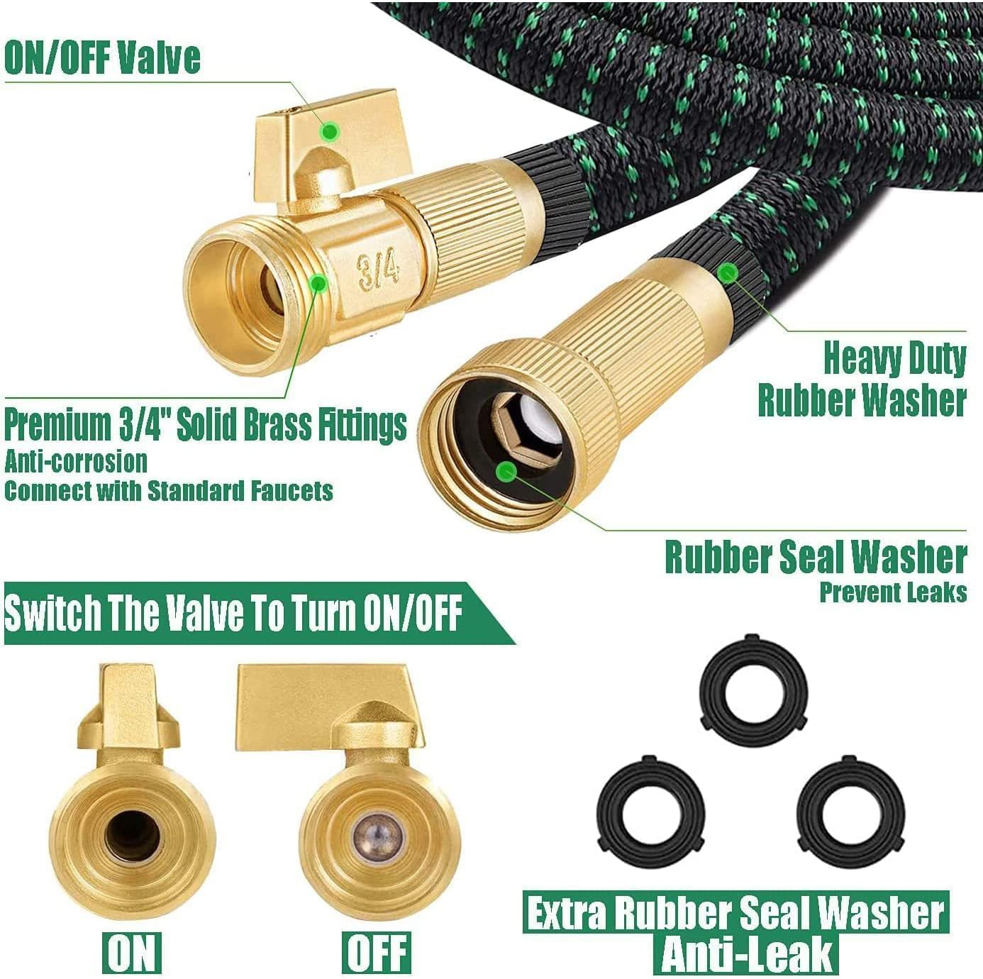 100 ft Expandable Garden Hose - Kink Free Flexible Water Hose 100ft with 10 Pattern Spray Nozzle, 3/4 Solid Brass Connectors, Retractable Latex Core - Lightweight Expanding Hose