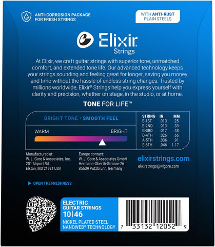Elixir Strings, Electric Guitar Strings, Nickel Plated Steel with NANOWEB Technology, Longest-Lasting Bright Tone with Comfortable Feel, 6 String Set, Light 10-46