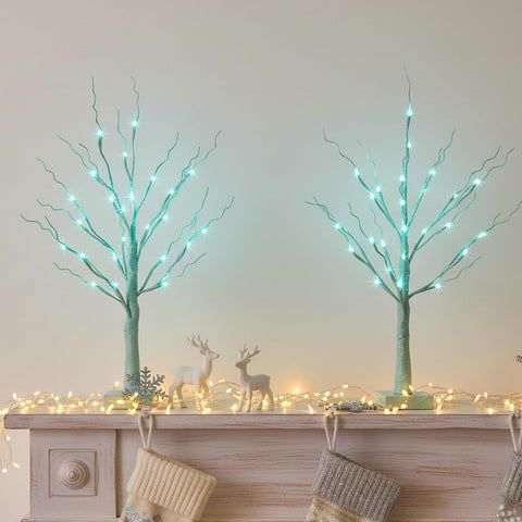 PEIDUO Blue-Green Trees Decor for Home, 2PK Tree Light Battery Powered Timer, Lighted Christmas Decorations Indoor, for Home Bedroom Living Room Fireplace Wedding Party New Year's Day and Christmas