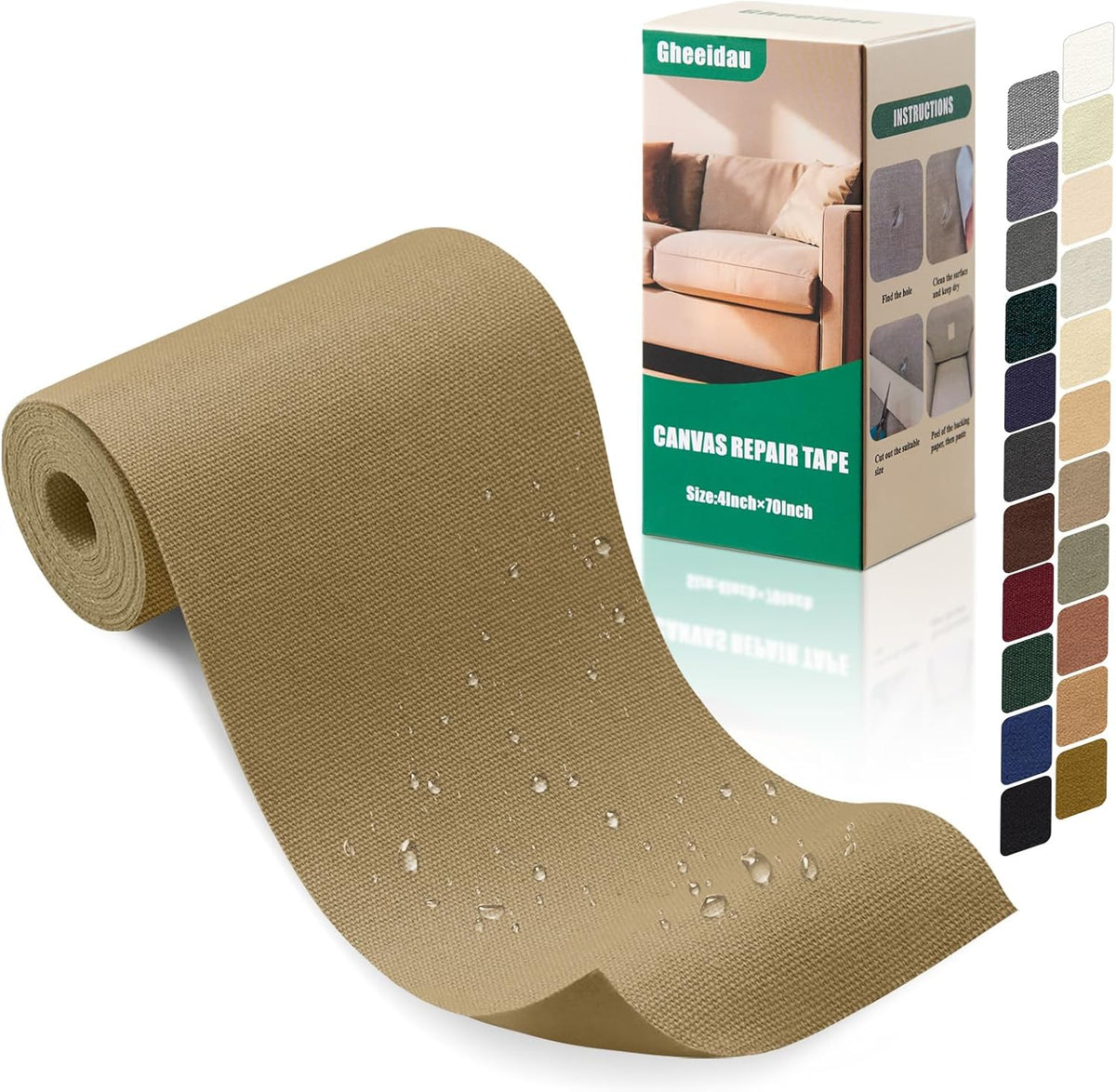 Gheeidau Canvas Repair Tape 4×70 Inch Waterproof Self-Adhesive Fabric Repair Patch for Repairing Boat Covers,Tents,Patio Umbrellas,Car Seats,Luggage,Sofas.(Dark Khaki)