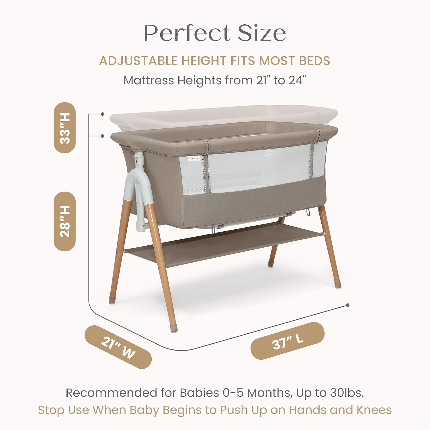 Delta Children Bondi Adjustable Height Bedside Beechwood Bassinet with PureAir Mesh Sheet and FSC-Certified Wood, Tan