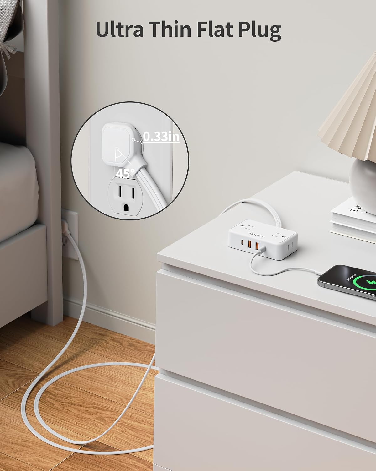 HOPOW Flat Plug Extension Cord, 4AC&2A2C, 6 FT Power Strip for Travel