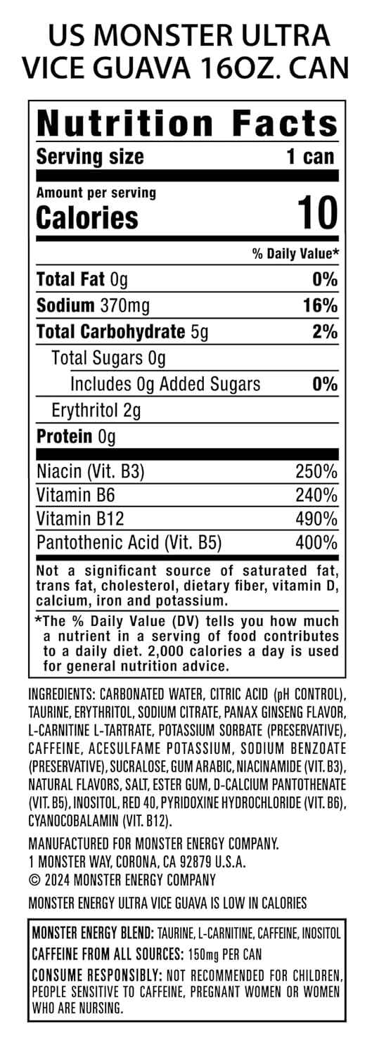 Monster Energy Ultra Vice Guava, Sugar Free Energy Drink, 16 Ounce (Pack of 15) | Pack of 15