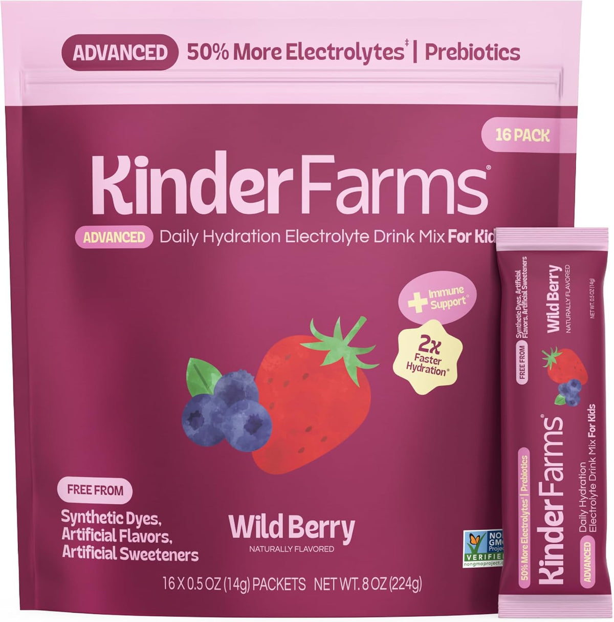 KinderFarms Kids Advanced Electrolyte Powder Drink Mix, Wild Berry, 16 Ct
