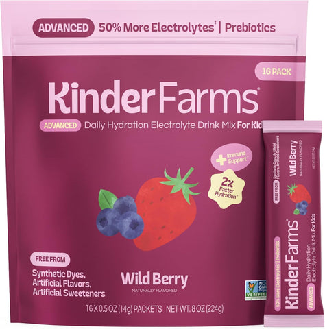 KinderFarms Kids Advanced Electrolyte Powder Drink Mix, Wild Berry, 16 Ct