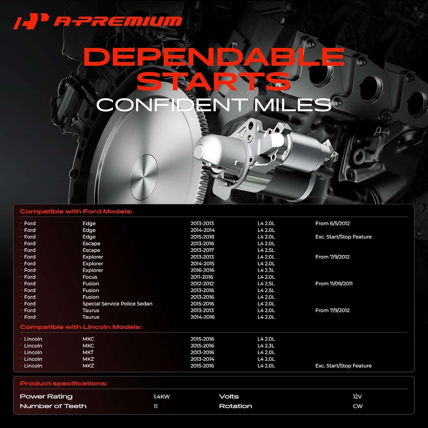 A-Premium Starter Motor, 12V 1.4KW 11 Teeth Clockwise
