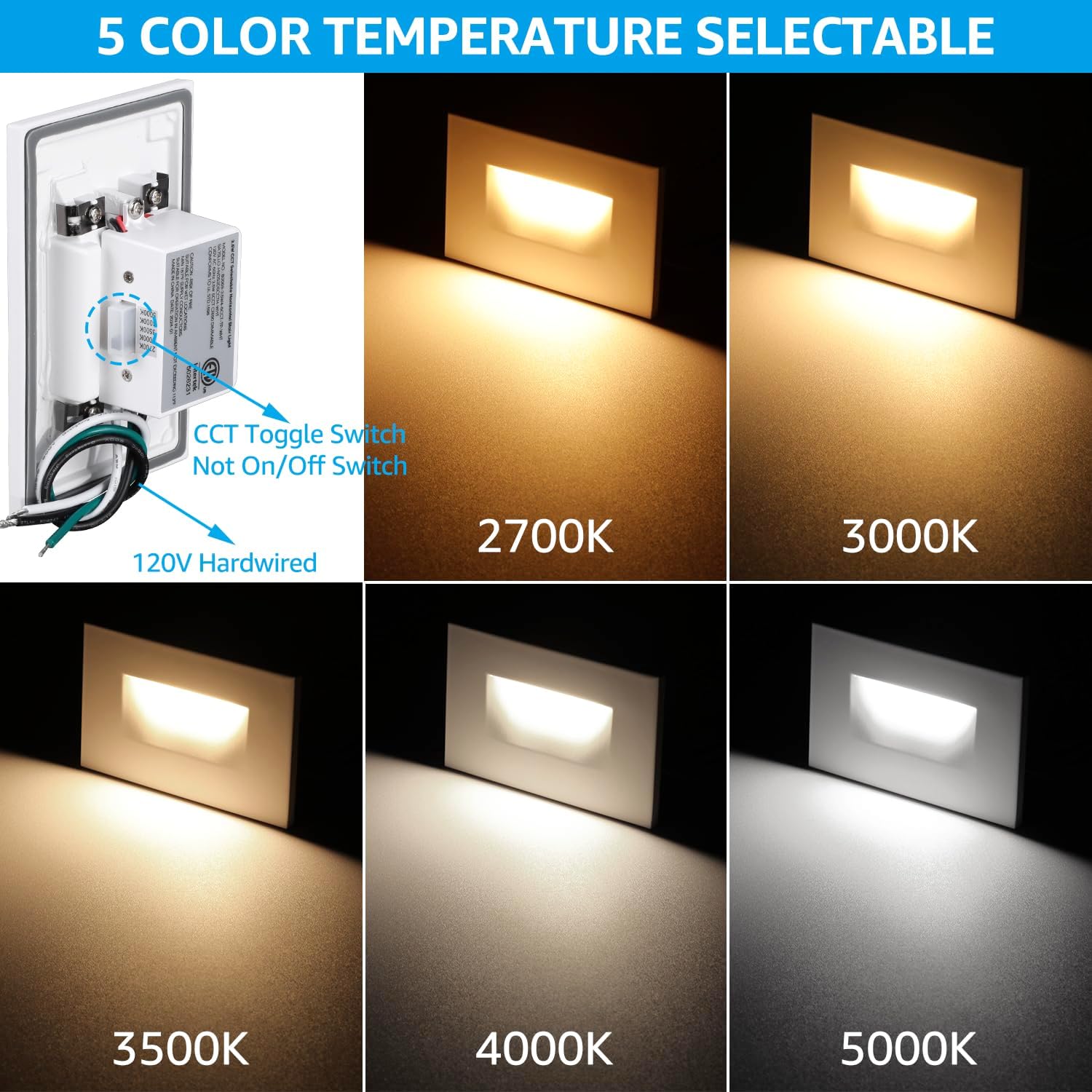 LEONLITE 6-Pack 5CCT 120V LED Step Lights, Horizontal, White