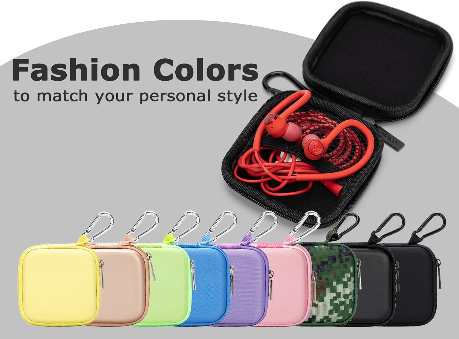 Ginsco Mini-Portable Hard Shell Square Earbuds Case for Apple EarPods/Samsung Galaxy Wired/Wireless Earbuds, Cell Phone Accessories Organizer with Carabiner for Earphones