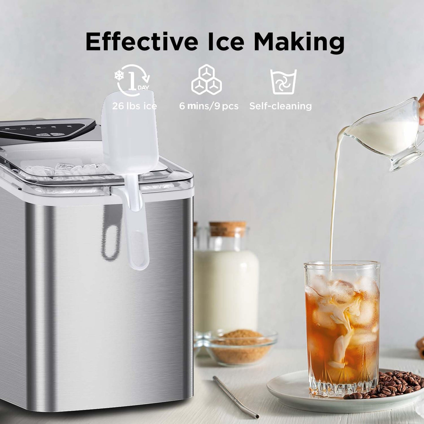 Silonn Countertop Ice Maker, 9 Ice Cubes in 6 Mins, 26 Lbs in 24 Hrs, Compact Ice Machine with Ice Basket & Scoop, 2 Ice Sizes Self-Cleaning Ice Maker for Home/Party/Office, Stainless Steel