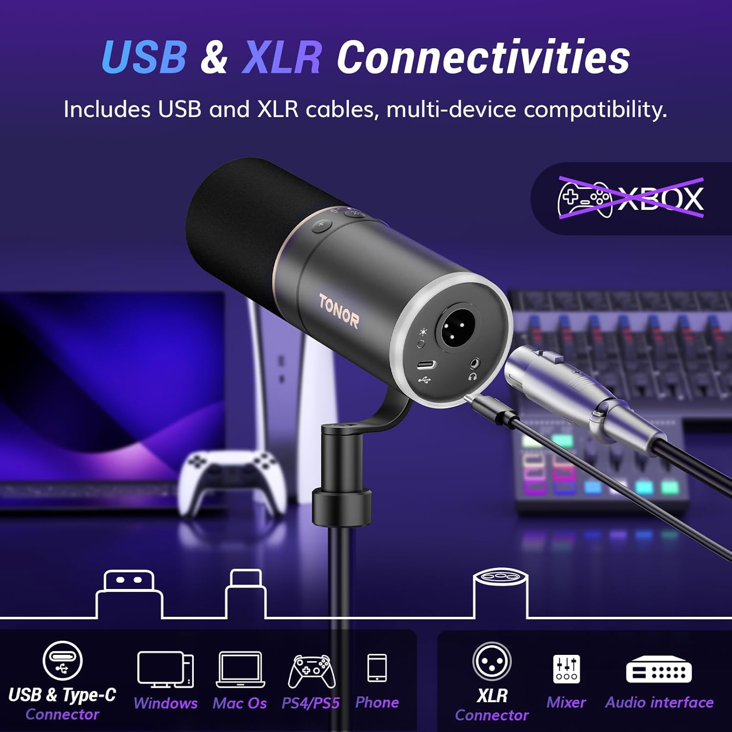 TONOR Dynamic Podcast Microphone, XLR/USB Mic for Recording, Streaming, XLR Cardioid Studio Mic with Quick Mute, Volume Control, 200 cm/78inch Cable, with RGB and Desktop Stand, Black, TD520S