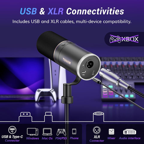TONOR Dynamic Podcast Microphone, XLR/USB Mic for Recording, Streaming, XLR Cardioid Studio Mic with Quick Mute, Volume Control, 200 cm/78inch Cable, with RGB and Desktop Stand, Black, TD520S