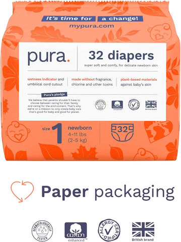 Pura Hypoallergenic Diapers, Size 1 (4-11lbs), Newborn, Totally Chlorine Free, Wetness Indicator, Suitable for Sensitive Skin, Soft Organic Cotton Comfort, Overnight, 3 Packs of 32 (96 Baby Diapers)