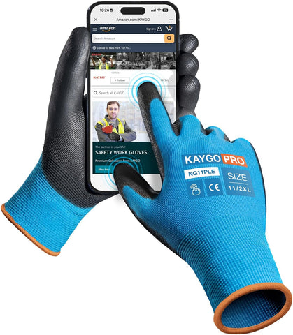 KAYGO Safety Work Gloves, PU Coated, 2-Finger Touchscreen, KG11P