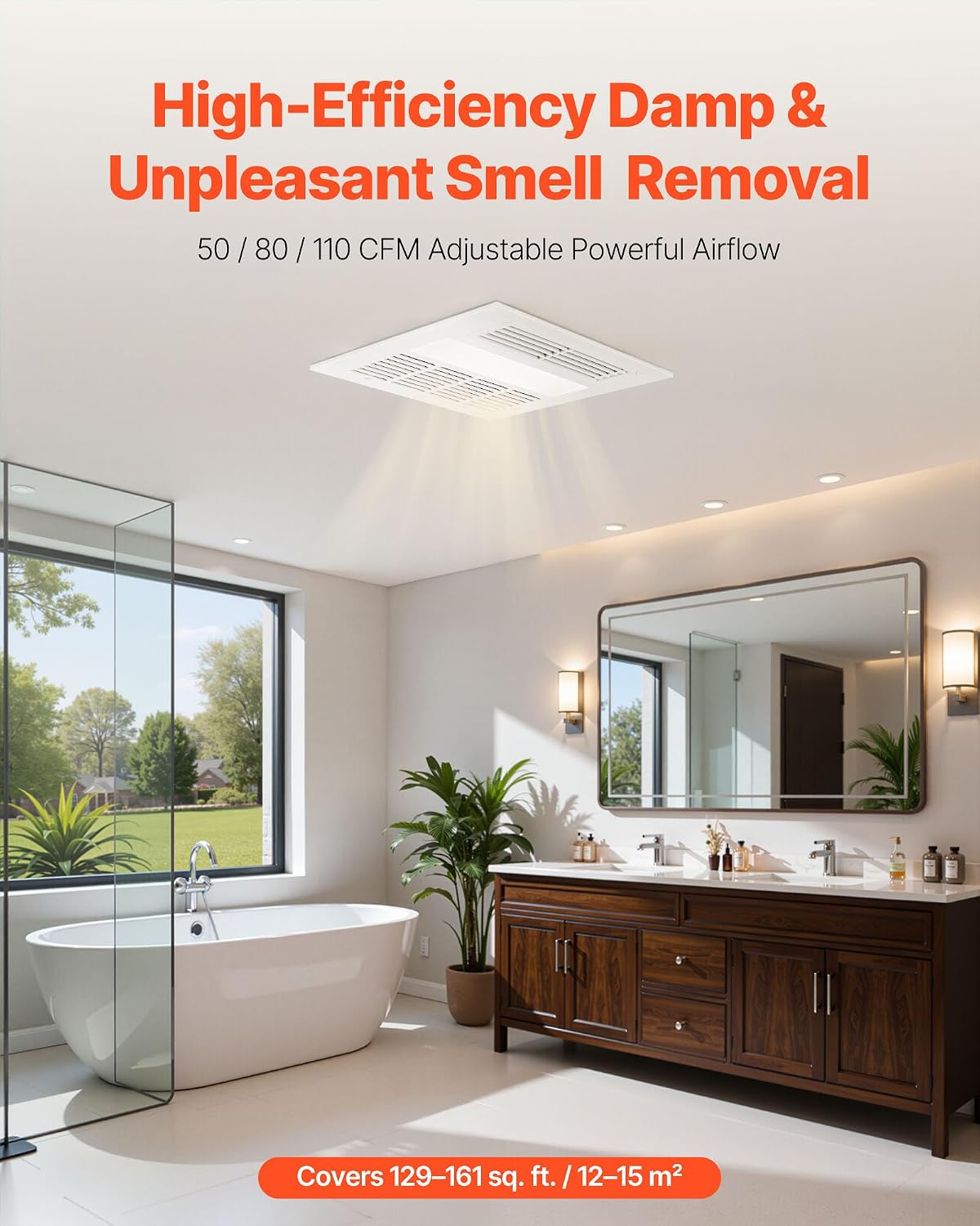 VEVOR Bathroom Exhaust Fan with Light and Heater, 80-90-110 CFM 1500W Bathroom Vent, 1.5 Sones Low-Noise, Premium DC Motor Ceiling Fan for Laundry Room, Storage Room, Home Ventilation, White