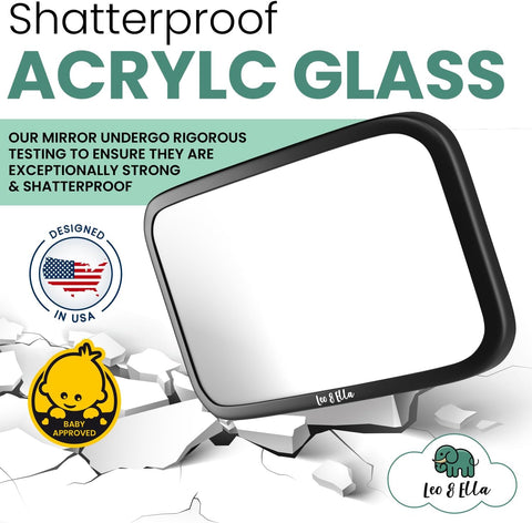 Leo&Ella Extra Large Car Mirror for Baby in Rear Facing Car Seat, Wide Crystal Clear View, 360° Adjustable Mount, Crash Tested and 100% Shatterproof, Fully Assembled