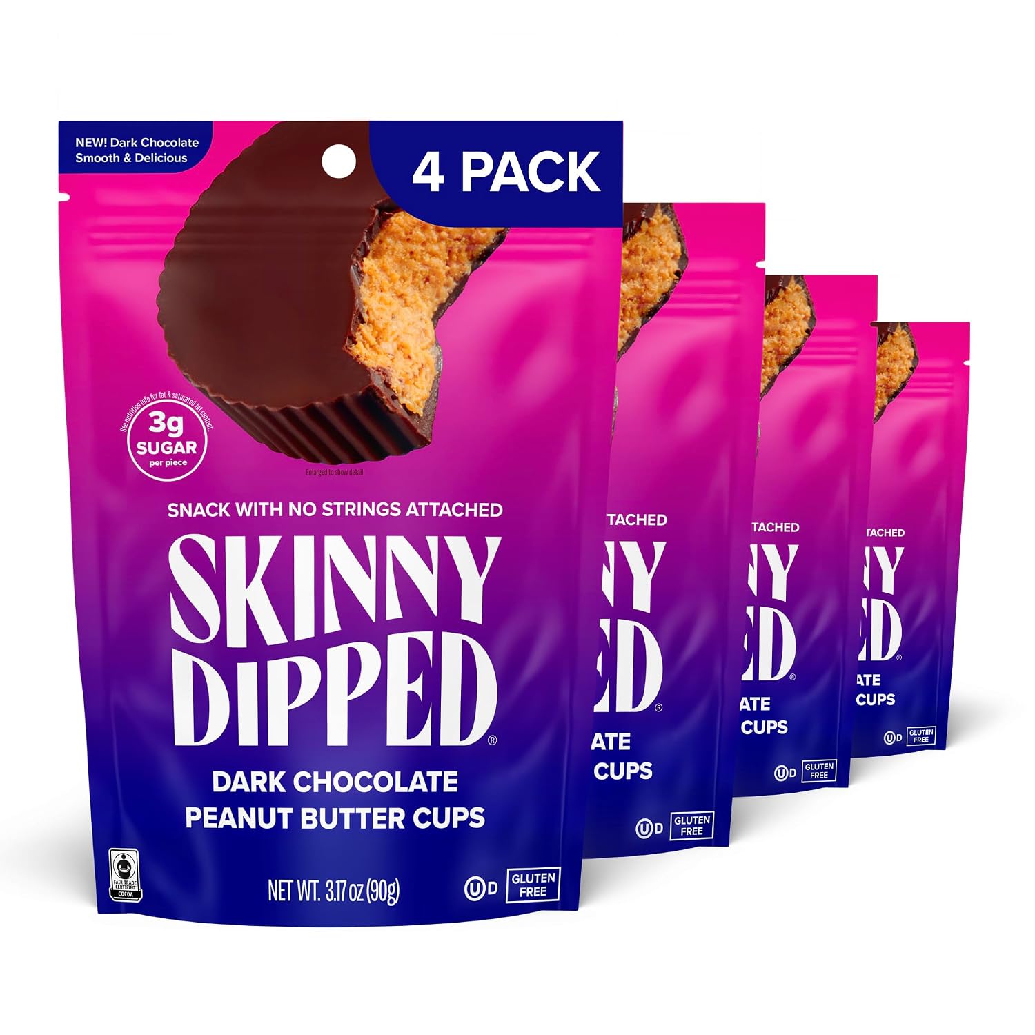 SkinnyDipped Dark Chocolate Peanut Butter Cups, 3.17oz Bags | 4 Pack