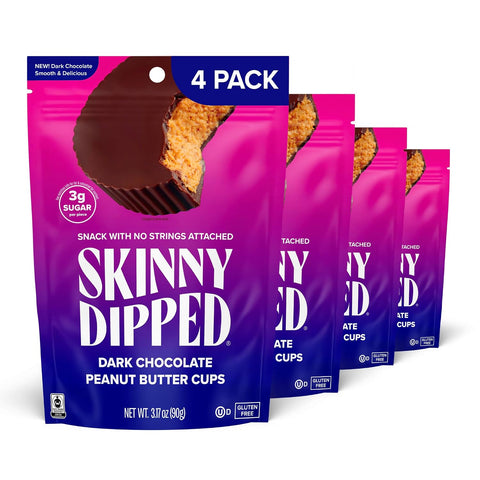 SkinnyDipped Dark Chocolate Peanut Butter Cups, 3.17oz Bags | 4 Pack