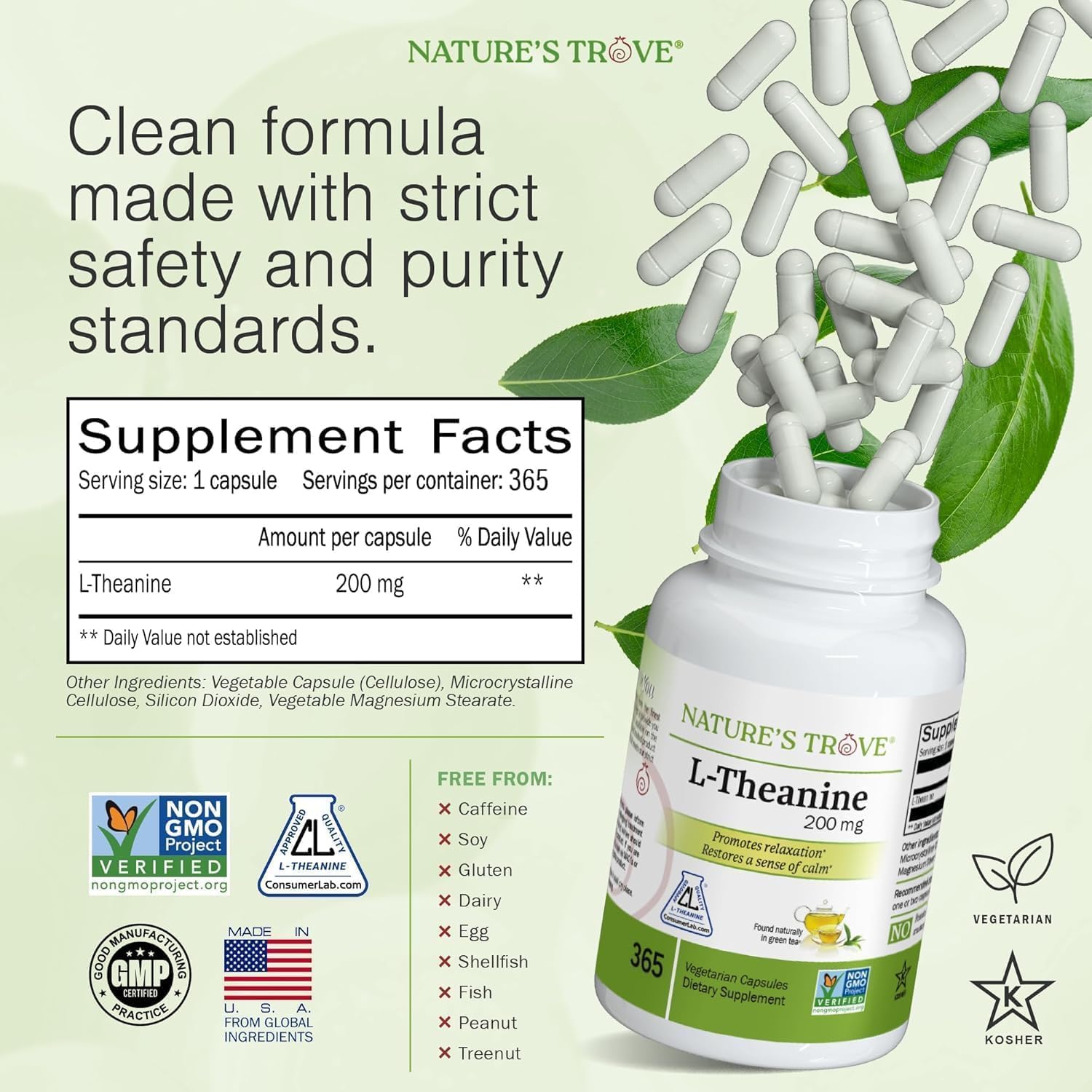 Nature's Trove L-Theanine 200mg Super Value Size - 365 Vegetarian Capsules
