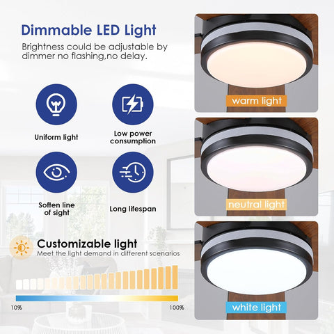 Brown RGB Ceiling Fans with Lights - 46" Flush Mount Ceiling Fan with Remote APP, RGB+3CCT Dimmable Led Light, Reversible 6 Wind Speeds&2H Timer, Low Profile Modern Fan Light Fixture for Bedroom Party