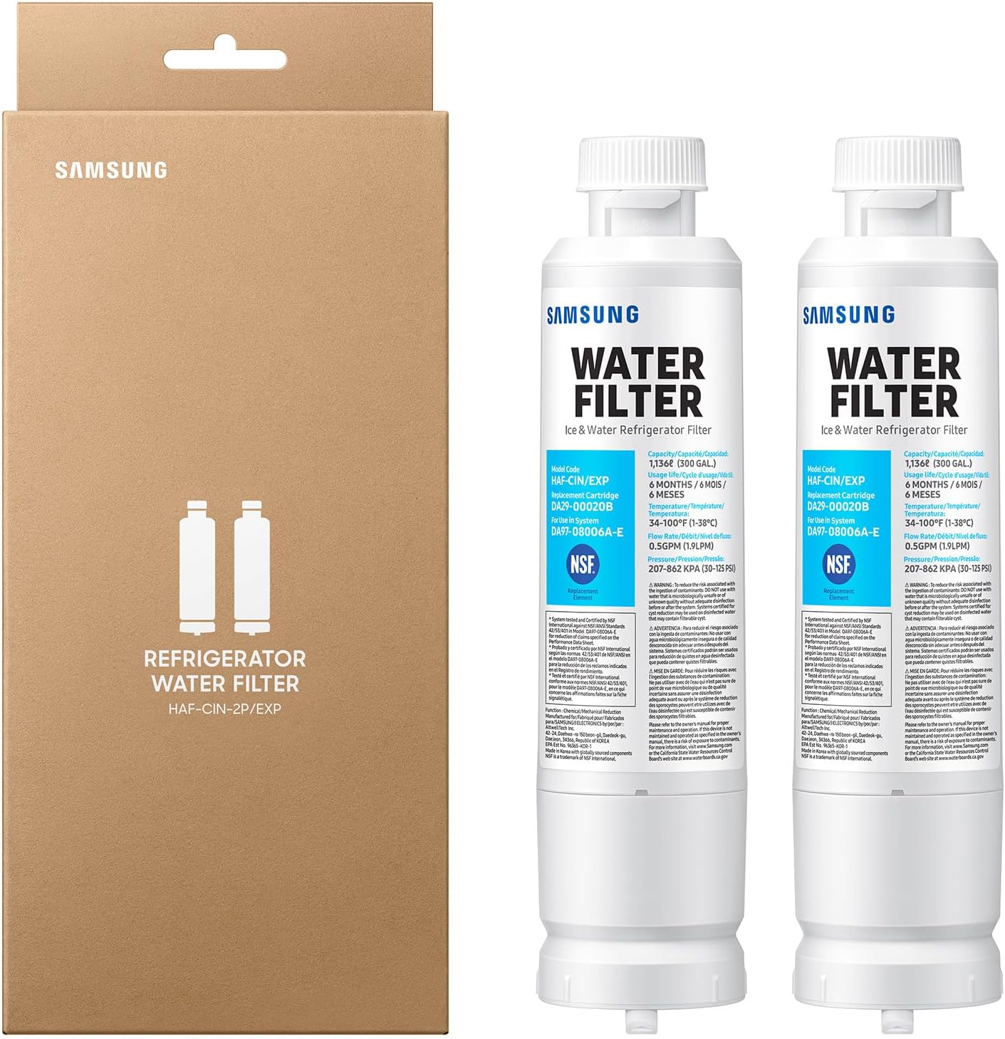 Samsung HAF-CIN-2P/EXP Genuine Refrigerator Water Filter, Reduces 99% of Harmful Contaminants for Clean, Clear Drinking Water, 6-Month Life, Easy Install, Pack of 2