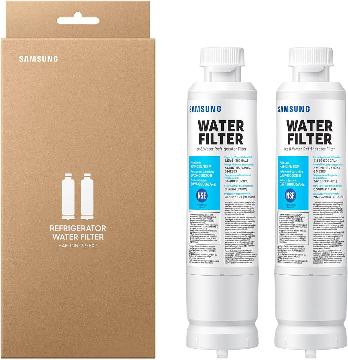 Samsung HAF-CIN-2P/EXP Genuine Refrigerator Water Filter, Reduces 99% of Harmful Contaminants for Clean, Clear Drinking Water, 6-Month Life, Easy Install, Pack of 2