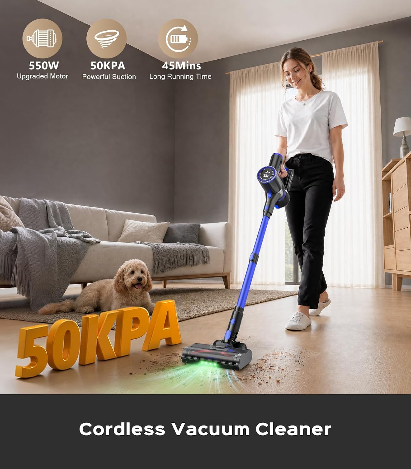 Cordless Vacuum Cleaner, 550W 50KPa 45Mins Vacuum Cleaners for Home, Self-Standing Stick Vacuum with Anti-Tangle Brush & LED Display for Hardwood Floors, Carpet, Pet Hair, Car