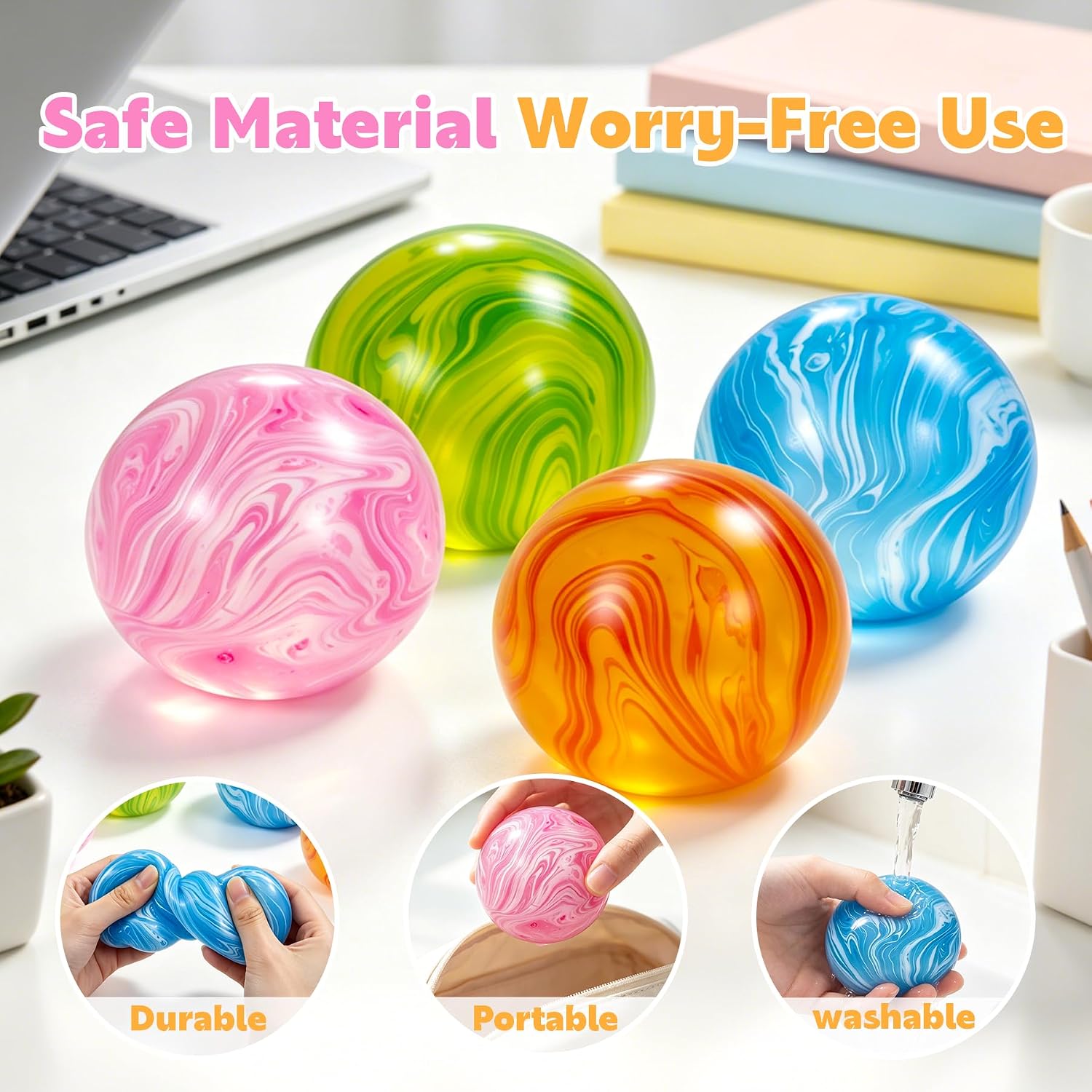 4 Pack Squishy Stress Ball, Fidget Toys for Anxiety & Stress Relief for Adults, Squishy Sensory Toys for Adults and Kids, Birthday Gifts, Party Favors, Classroom Prizes, Xmas Stocking Stuffers