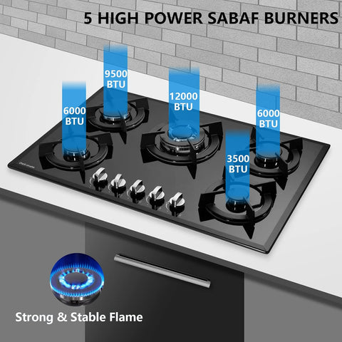DM517-01 30 Inch Dual Fuel Gas Hob - Built-in Tempered Glass 5 Burner LPG/NG Convertible Gas Stovetop