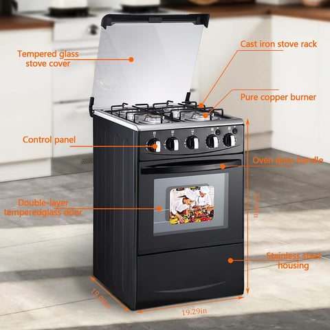 20-inch LPG (Propane) Gas Range, 4-Burner Cooktop with 62L Oven, 201 Stainless Steel, Black Glass Lid, Electronic Ignition, for Kitchen