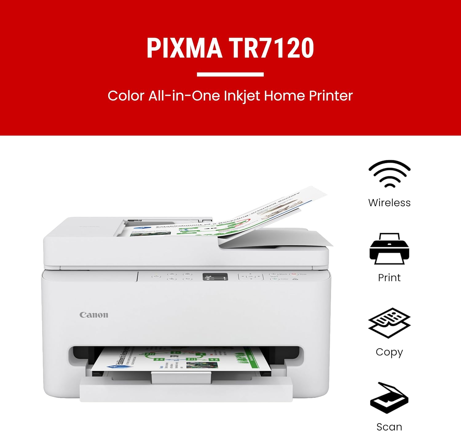 Canon PIXMA TR7120 Wireless Color Inkjet Printer for Duplex Printing, White – Home Printer with Copier/Scanner, Auto Document Feeder, Compact Design, Intuitive Control Panel