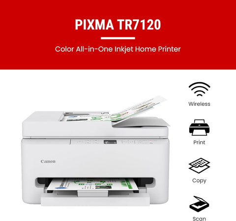 Canon PIXMA TR7120 Wireless Color Inkjet Printer for Duplex Printing, White – Home Printer with Copier/Scanner, Auto Document Feeder, Compact Design, Intuitive Control Panel