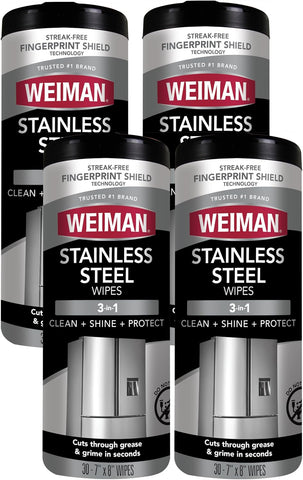 Weiman Stainless Steel Cleaner Wipes (4 Pack) Removes Fingerprints, Residue, Water Marks and Grease from Appliances - Works Great on Refrigerators, Dishwashers, Ovens, and Grills
