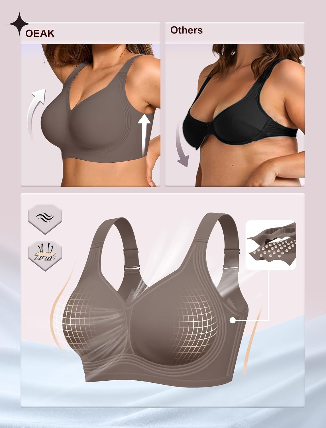 OEAK Womens Wireless Jelly Bras Plus Size Support Push Up Comfortable Bra