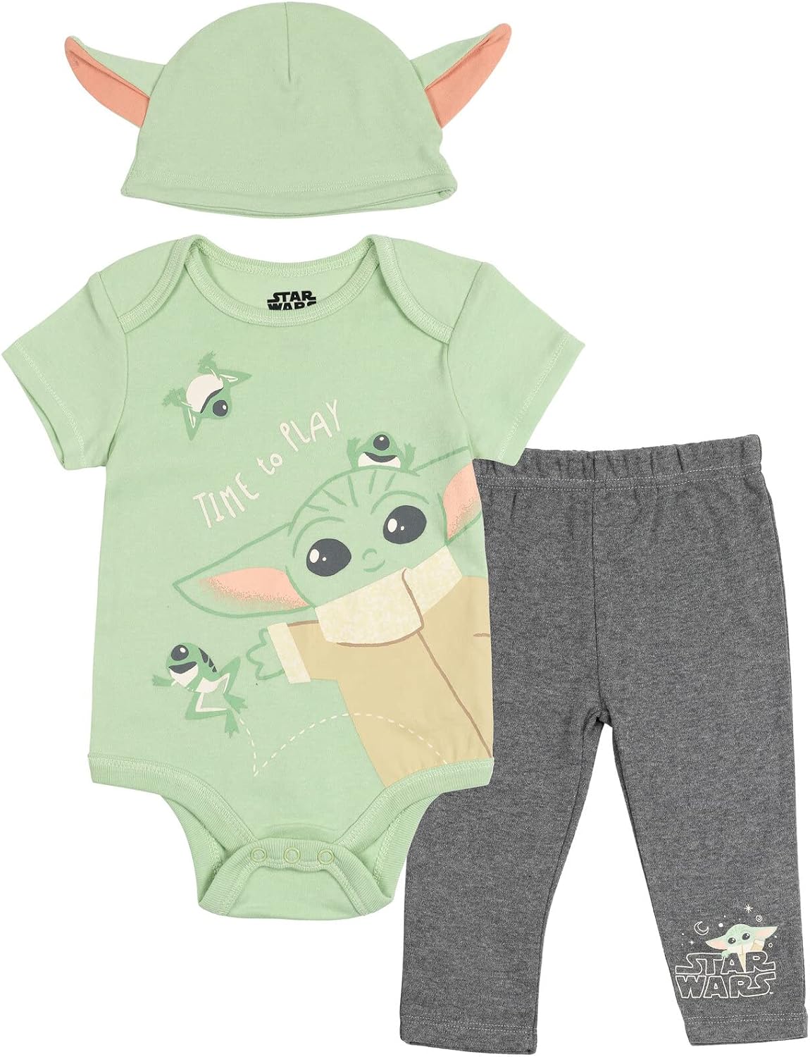 STAR WARS The Child Baby Bodysuits Sleep N' Play Coverall Pants Hat and Bibs 8 Piece Outfit Set Newborn to Infant
