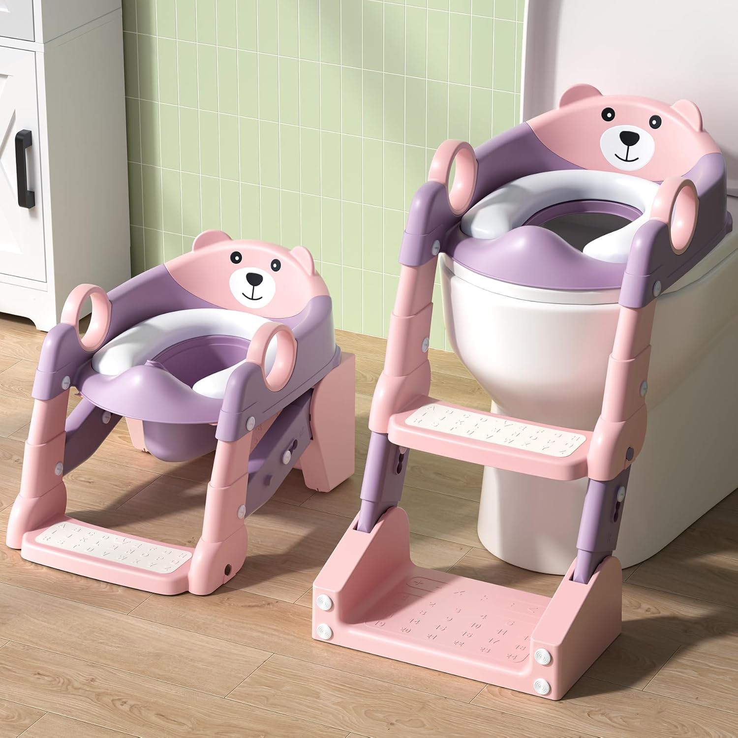 COOSEYA 2-in-1 Potty Training Seat & Potty Chair, Toddler Toilet Seat with Step Stool Ladder, Height Adjustable Foldable Potty Training Toilet for Kids Boys Girls with Splash Guard & Anti-Slip Steps