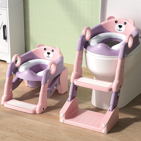 COOSEYA 2-in-1 Potty Training Seat & Potty Chair, Toddler Toilet Seat with Step Stool Ladder, Height Adjustable Foldable Potty Training Toilet for Kids Boys Girls with Splash Guard & Anti-Slip Steps