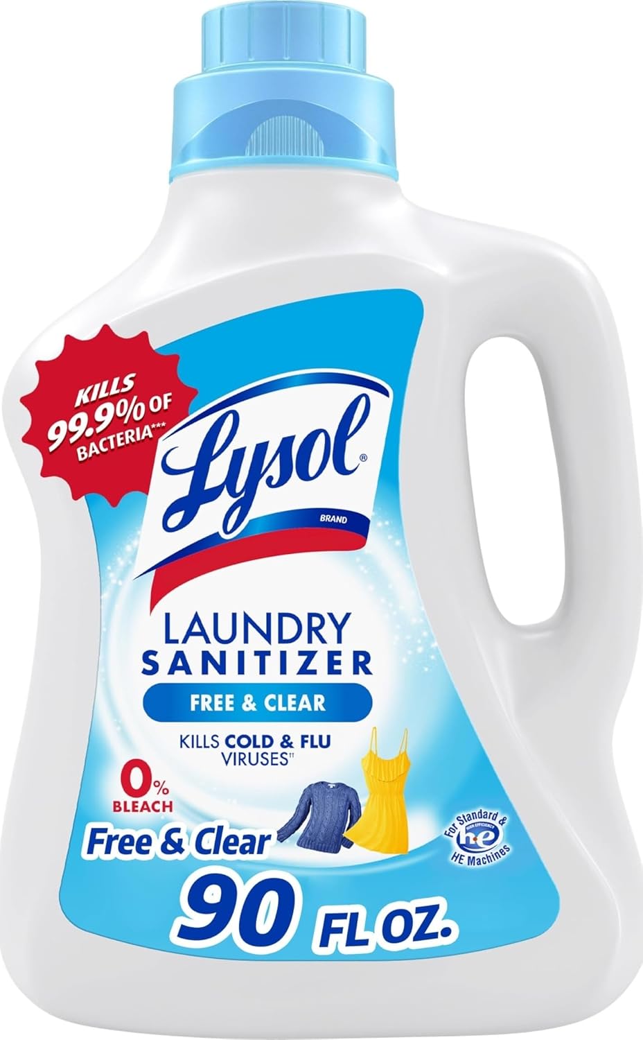 Lysol Laundry Sanitizer Additive, Free & Clear, Free from Fragrance and Dyes, 0% Bleach Laundry Sanitizer, Bacteria-causing Laundry Odor Eliminator, Unscented, 90 Fl Oz (Pack of 1) - Package May Vary