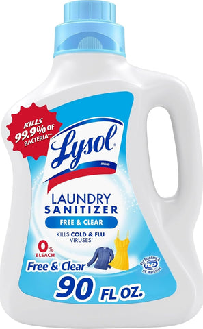Lysol Laundry Sanitizer Additive, Free & Clear, Free from Fragrance and Dyes, 0% Bleach Laundry Sanitizer, Bacteria-causing Laundry Odor Eliminator, Unscented, 90 Fl Oz (Pack of 1) - Package May Vary