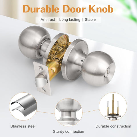 Probrico Interior Door Knobs 4 Pack, Privacy Lock Knob Set Brushed Nickel Finish, Right and Left Handled Round Levers, Modern Hardware for Bedroom Bathroom