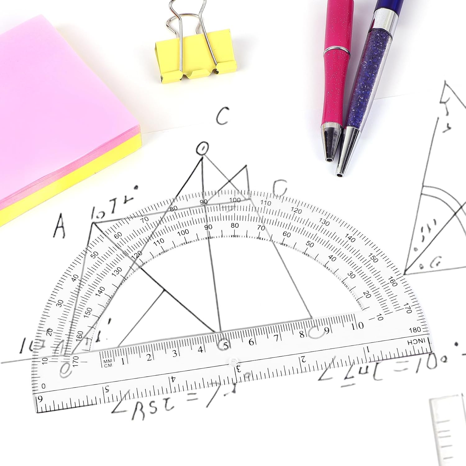 Unjoo Plastic Protractor 6 Inch Math Protractors 180 Degrees, 2 Pack (Pink)